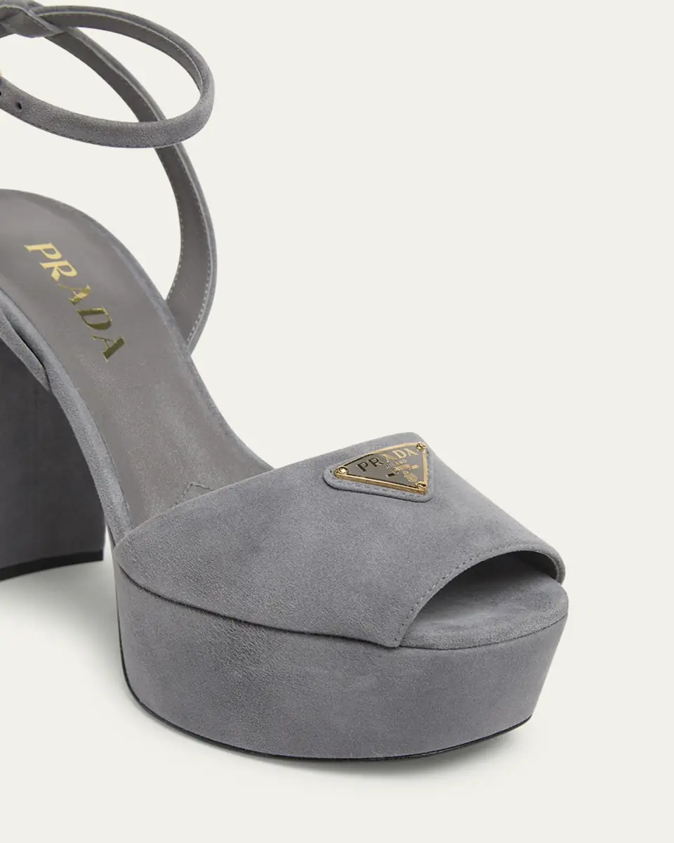 Prada Triangle Logo Suede Ankle-Strap Platform Sandals | Thumbnail 3 Prada Triangle Logo Suede Ankle-Strap Platform Sandals | Thumbnail 3