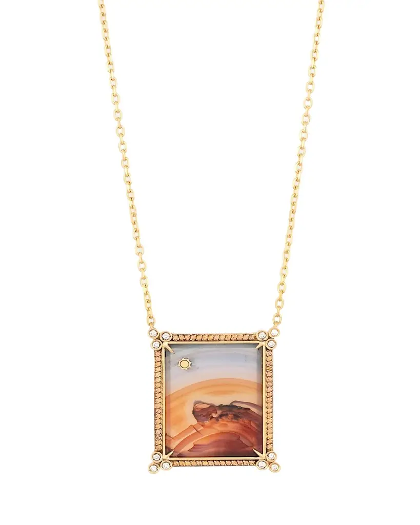 Silvia Furmanovich 18K Yellow Gold Agate Landscape Necklace with Sun Detail, Diamonds and Orange Sapphires | Image 1 Silvia Furmanovich 18K Yellow Gold Agate Landscape Necklace with Sun Detail, Diamonds and Orange Sapphires | Image 1