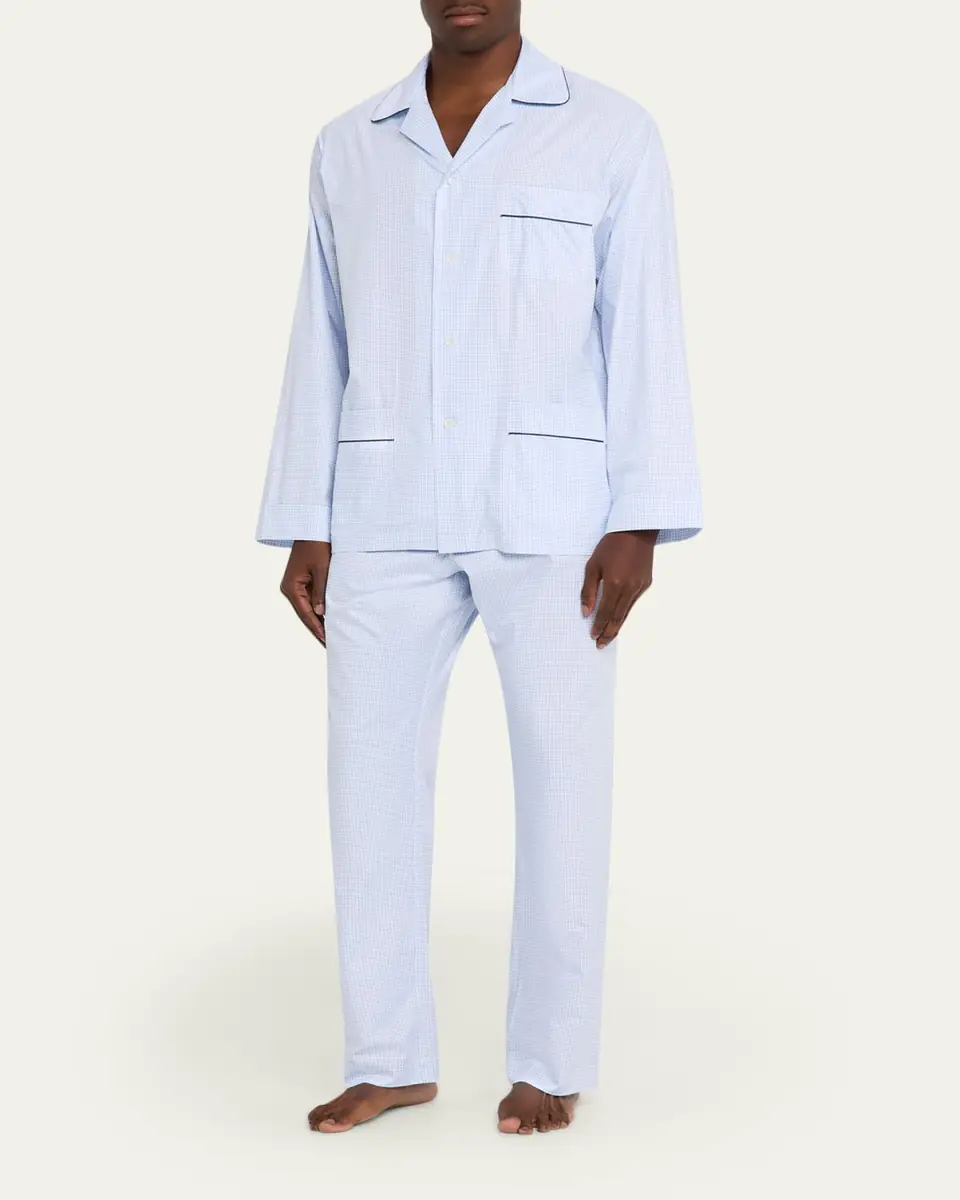 Emanuele Maffeis Men's Cotton Micro-Plaid Long Pajama Set with Piping | Thumbnail 2 Emanuele Maffeis Men's Cotton Micro-Plaid Long Pajama Set with Piping | Thumbnail 2