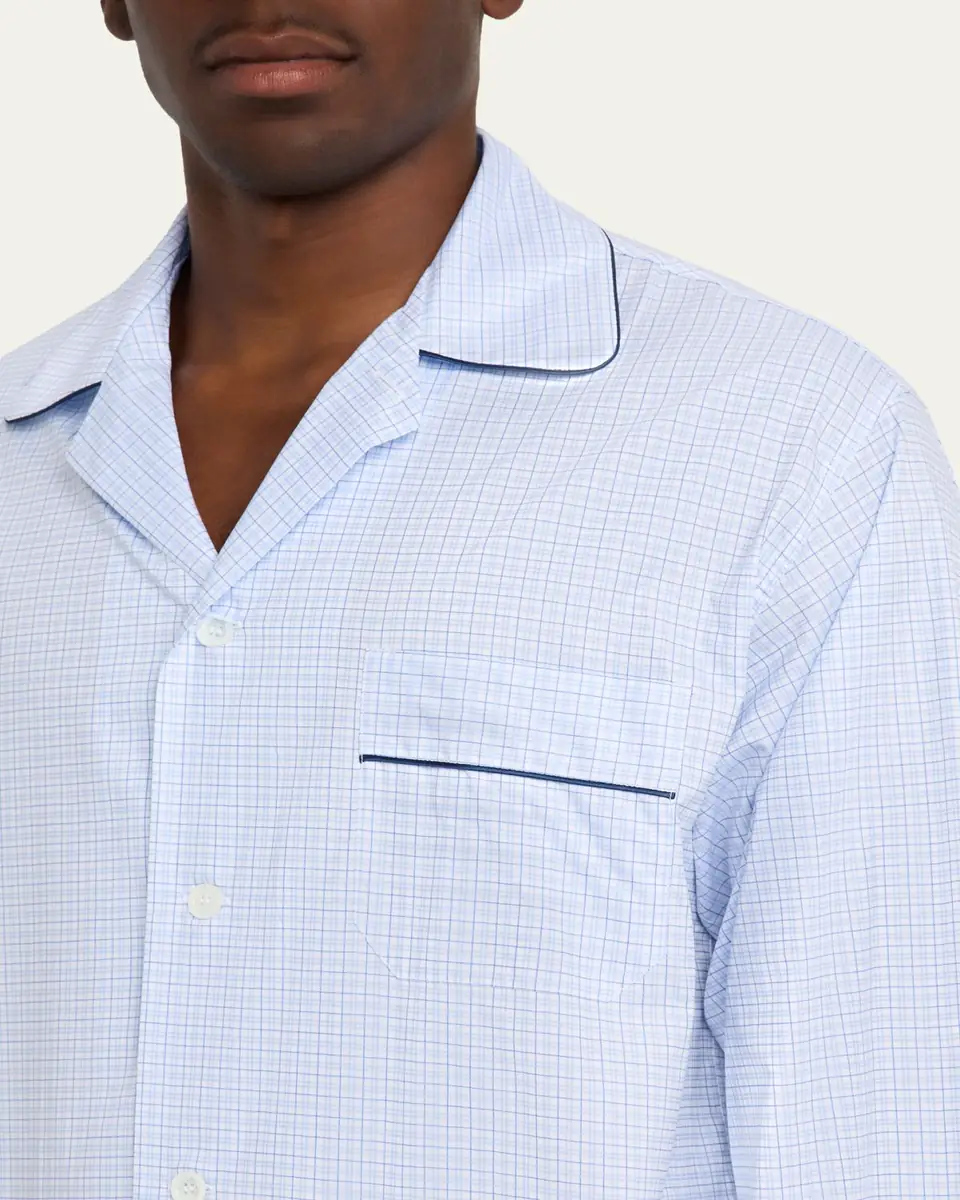 Emanuele Maffeis Men's Cotton Micro-Plaid Long Pajama Set with Piping | Thumbnail 3 Emanuele Maffeis Men's Cotton Micro-Plaid Long Pajama Set with Piping | Thumbnail 3