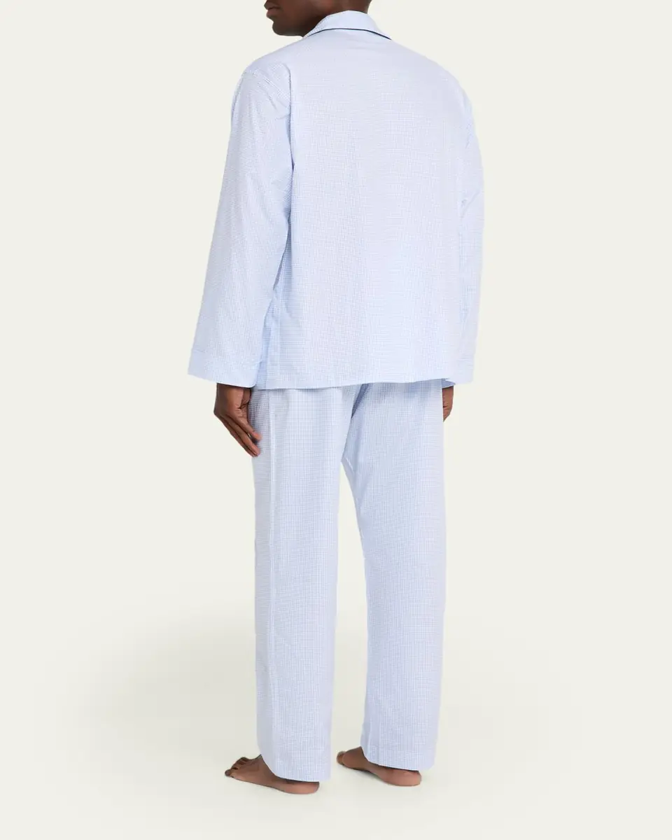 Emanuele Maffeis Men's Cotton Micro-Plaid Long Pajama Set with Piping | Thumbnail 4 Emanuele Maffeis Men's Cotton Micro-Plaid Long Pajama Set with Piping | Thumbnail 4
