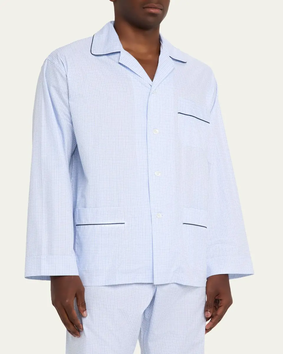 Emanuele Maffeis Men's Cotton Micro-Plaid Long Pajama Set with Piping | Thumbnail 5 Emanuele Maffeis Men's Cotton Micro-Plaid Long Pajama Set with Piping | Thumbnail 5