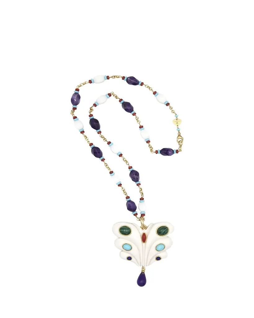 Grazia And Marica Vozza Butterfly Charm Beaded Chain Necklace with Resin and Amethyst | Image 1 Grazia And Marica Vozza Butterfly Charm Beaded Chain Necklace with Resin and Amethyst | Image 1