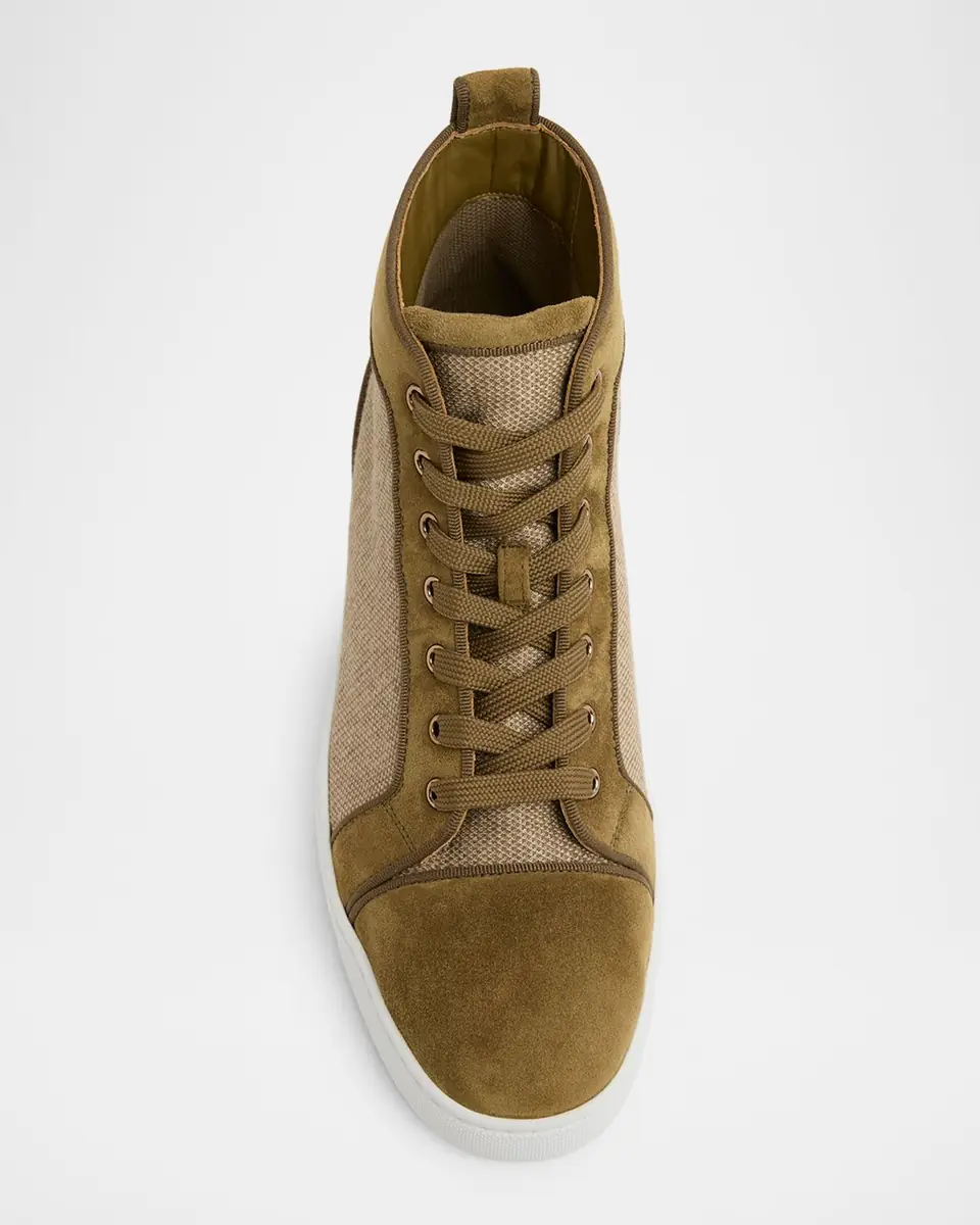 Christian Louboutin Men's Louis Textile and Suede Red-Sole High-Top Sneakers | Thumbnail 3 Christian Louboutin Men's Louis Textile and Suede Red-Sole High-Top Sneakers | Thumbnail 3