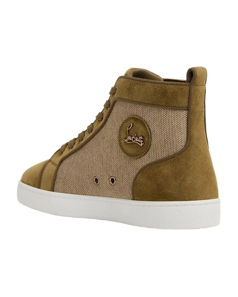 Christian Louboutin Men's Louis Textile and Suede Red-Sole High-Top Sneakers | Image 1 Christian Louboutin Men's Louis Textile and Suede Red-Sole High-Top Sneakers | Image 1