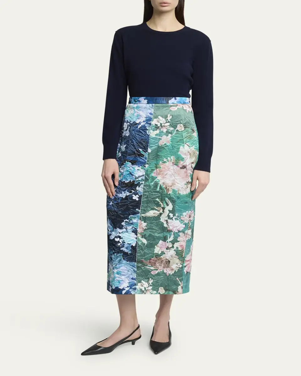 Erdem Colorblock Floral Satin Midi Pencil Skirt | Thumbnail 2 Erdem Colorblock Floral Satin Midi Pencil Skirt | Thumbnail 2