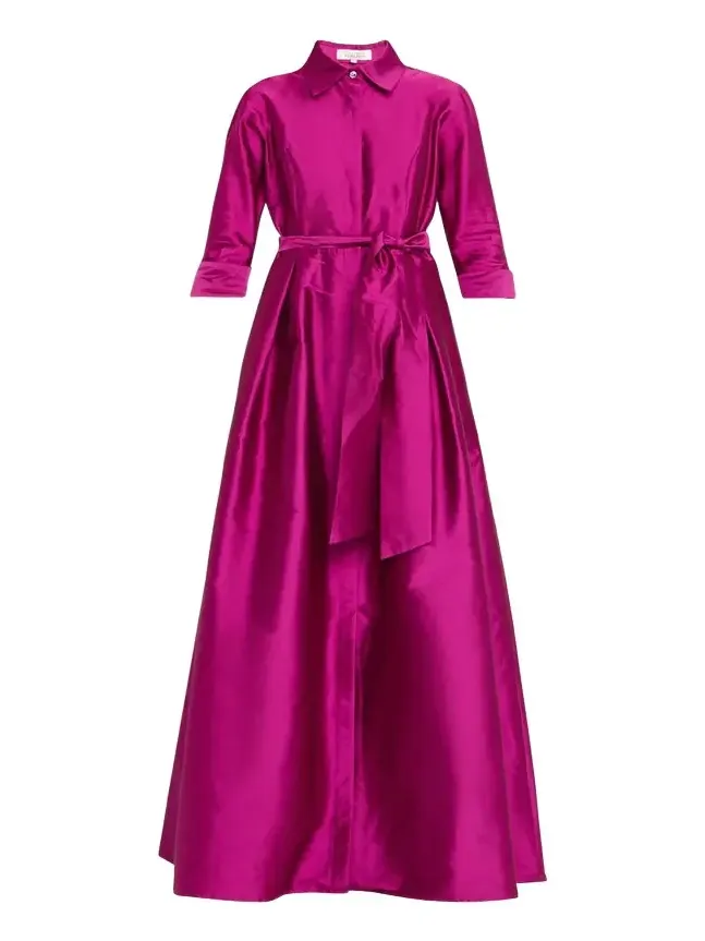 3/4-Sleeve Taffeta Shirtdress Gown