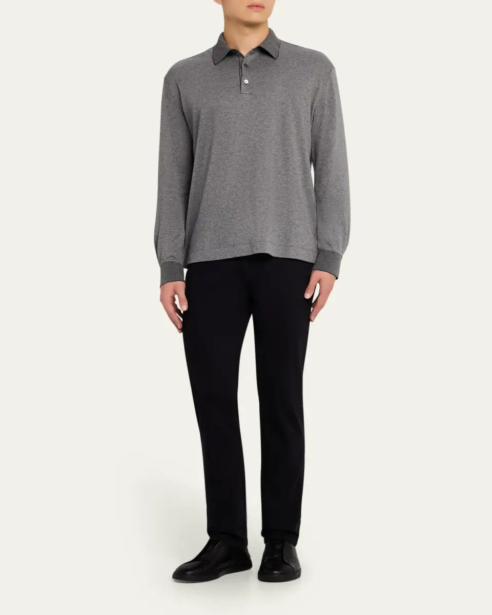 Zegna Men's Melange Cotton Long-Sleeve Polo Shirt | Thumbnail 2