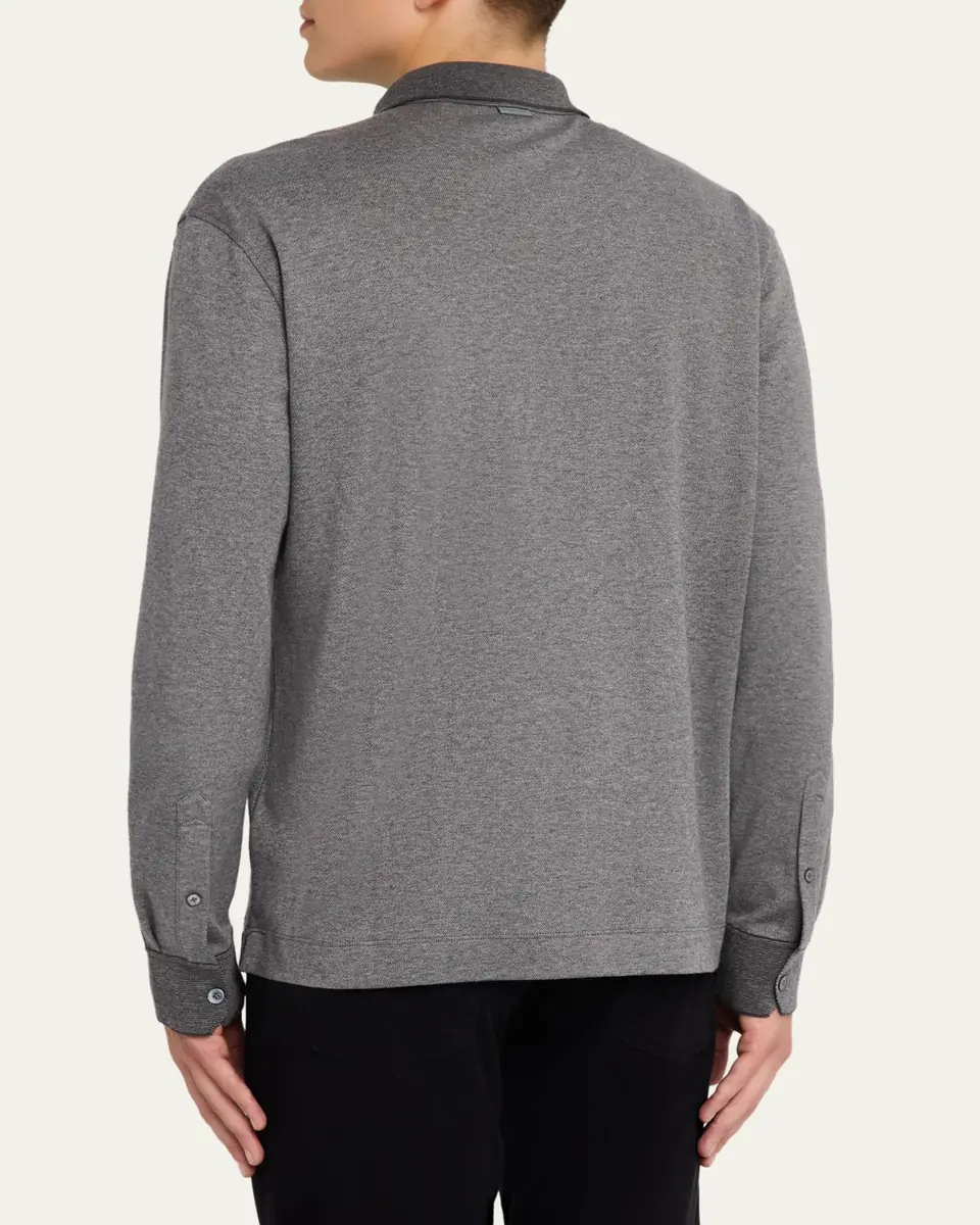 Zegna Men's Melange Cotton Long-Sleeve Polo Shirt | Thumbnail 3