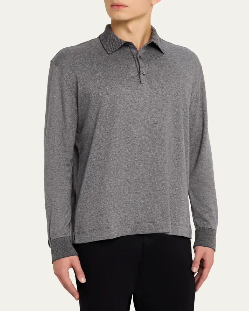 Zegna Men's Melange Cotton Long-Sleeve Polo Shirt | Thumbnail 4
