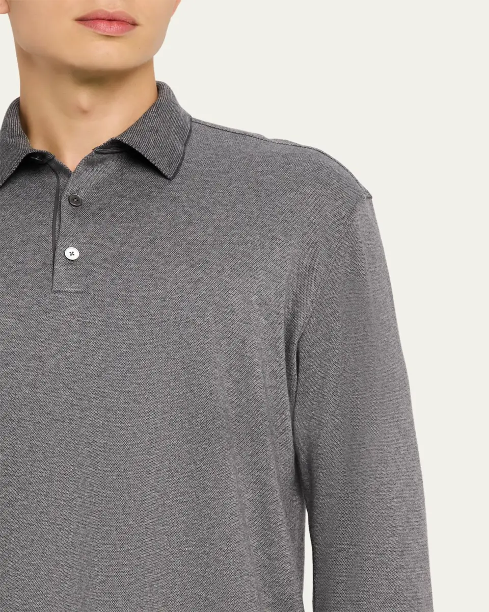 Zegna Men's Melange Cotton Long-Sleeve Polo Shirt | Thumbnail 5