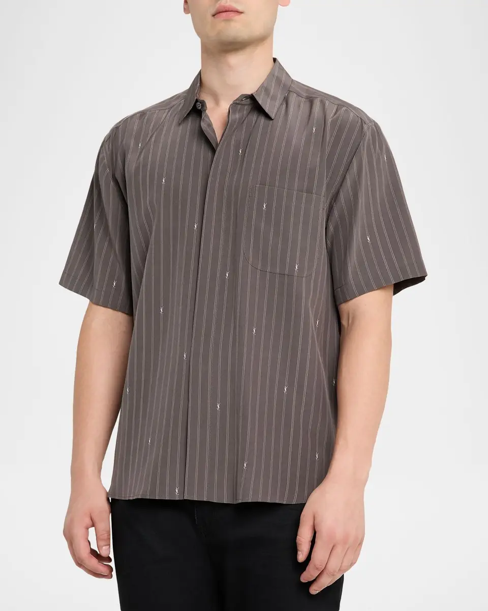Saint Laurent Men's Cassandre Short-Sleeved Button-Front Shirt | Thumbnail 3 Saint Laurent Men's Cassandre Short-Sleeved Button-Front Shirt | Thumbnail 3