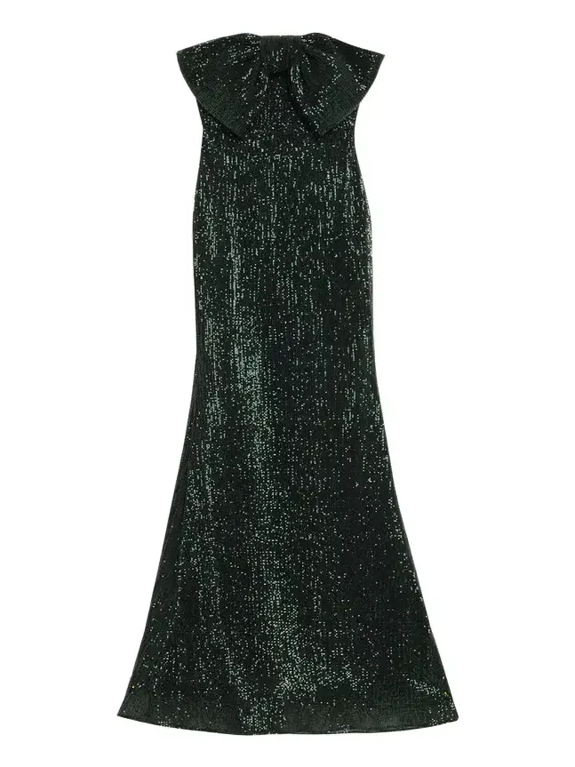 BADGLEY MISCHKA Strapless Bow-Front Sequin Gown