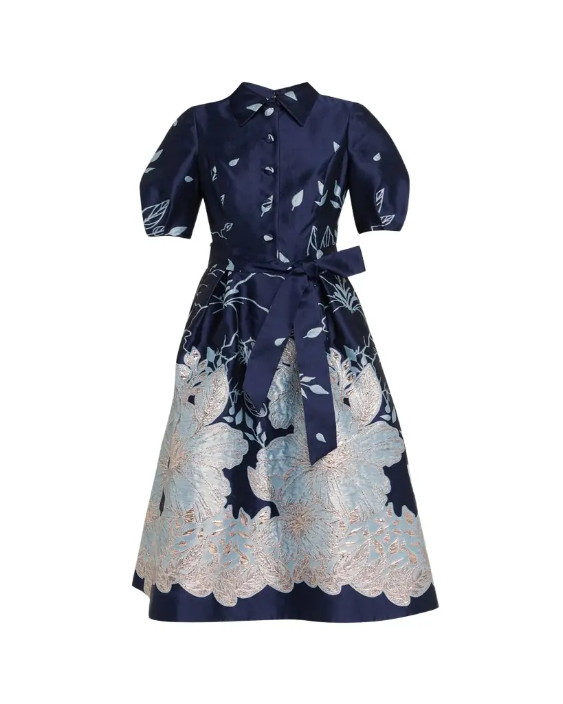 Rickie Freeman for Teri Jon Puff-Sleeve Floral Jacquard Midi Shirtdress | Image 1 Rickie Freeman for Teri Jon Puff-Sleeve Floral Jacquard Midi Shirtdress | Image 1