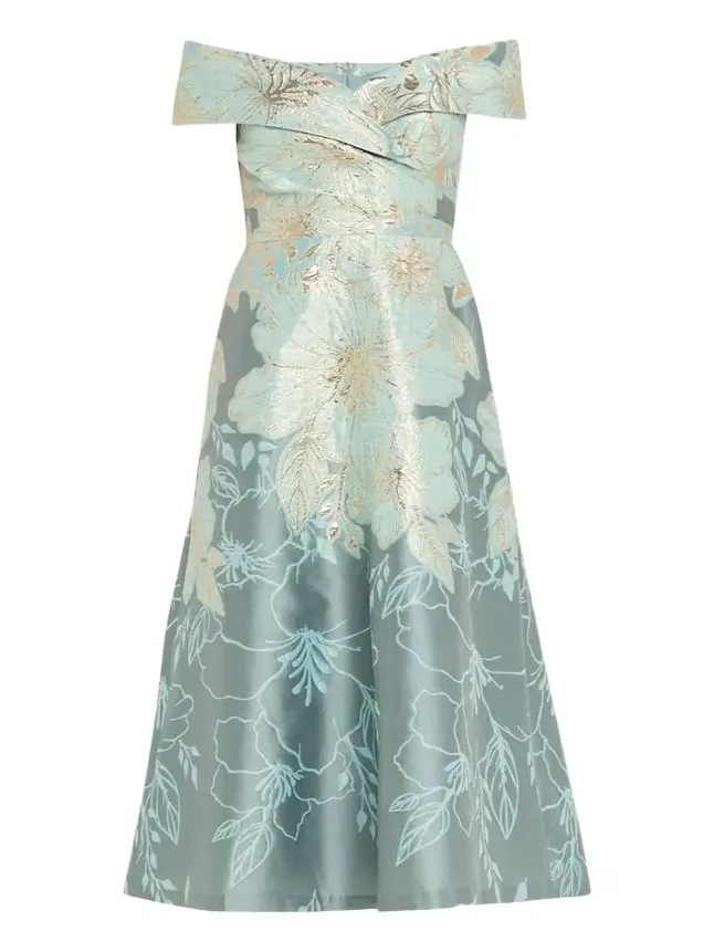 Off-Shoulder Metallic Jacquard Midi Dress Off-Shoulder Metallic Jacquard Midi Dress