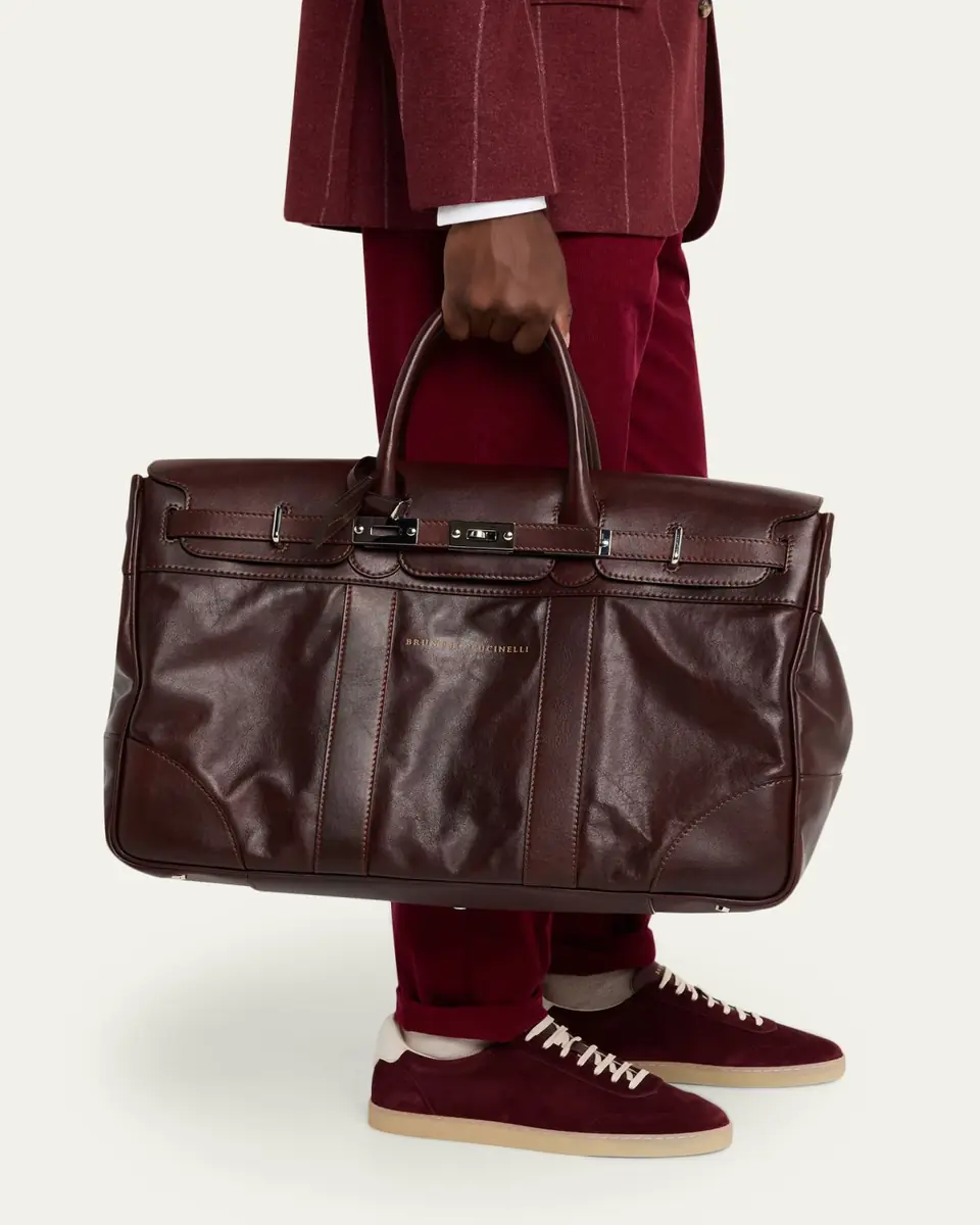 Brunello Cucinelli Men's Country Leather Clasp-Front Duffel Bag | Thumbnail 2 Brunello Cucinelli Men's Country Leather Clasp-Front Duffel Bag | Thumbnail 2