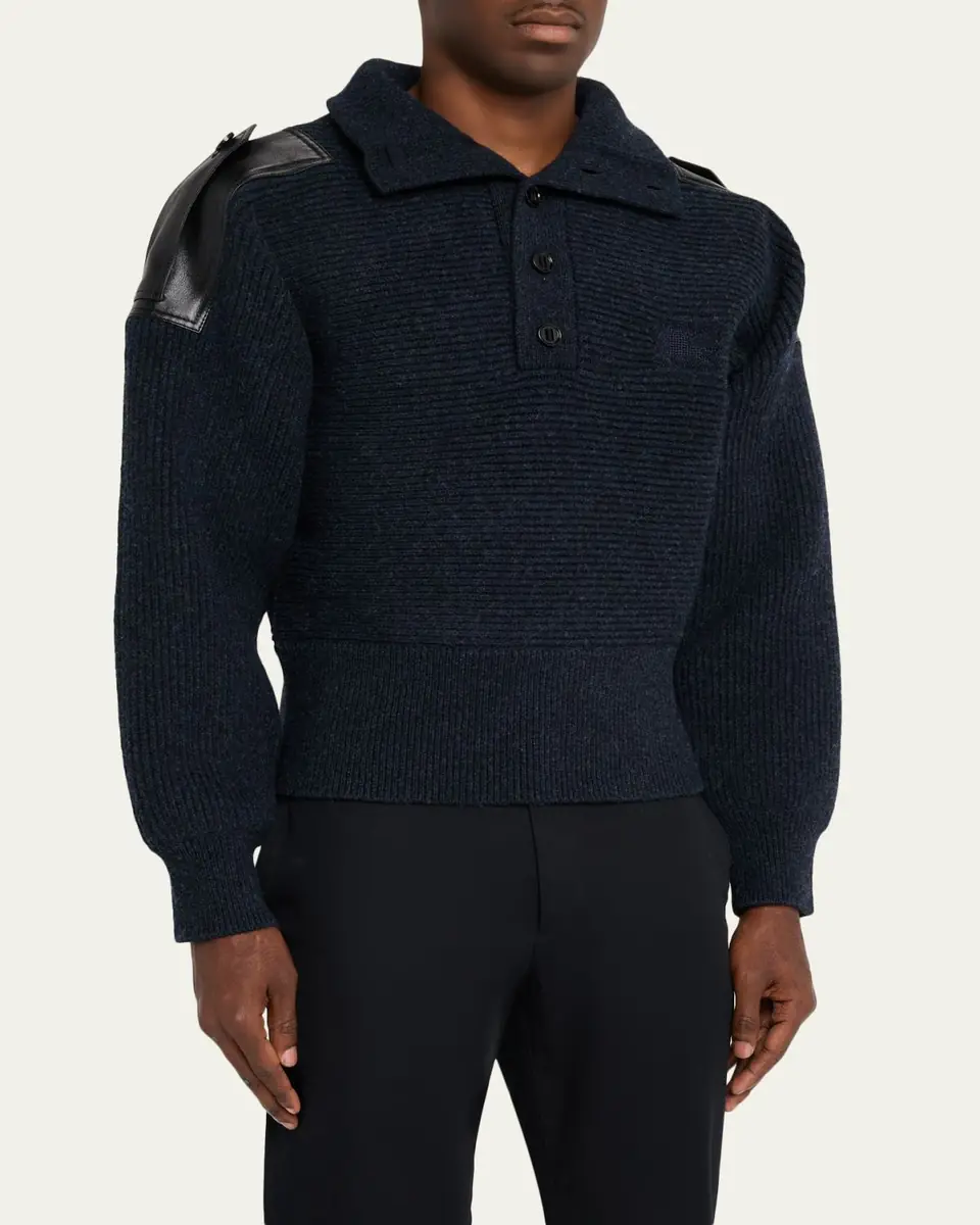 Burberry Men's Wool Half-Placket Leather-Epaulette Turtleneck Sweater | Thumbnail 4 Burberry Men's Wool Half-Placket Leather-Epaulette Turtleneck Sweater | Thumbnail 4