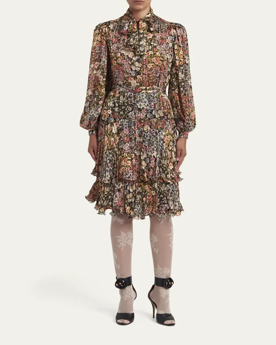Valentino Garavani Floral Metallic Crinkle Satin Bow-Neck Blouse | Thumbnail 2 Valentino Garavani Floral Metallic Crinkle Satin Bow-Neck Blouse | Thumbnail 2