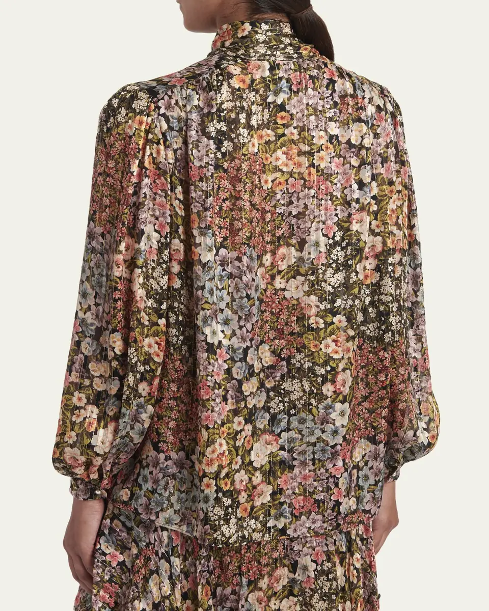 Valentino Garavani Floral Metallic Crinkle Satin Bow-Neck Blouse | Thumbnail 3 Valentino Garavani Floral Metallic Crinkle Satin Bow-Neck Blouse | Thumbnail 3