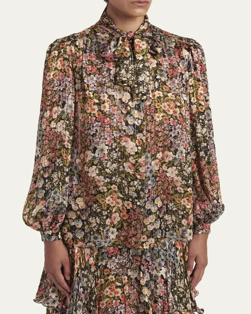 Valentino Garavani Floral Metallic Crinkle Satin Bow-Neck Blouse | Thumbnail 4 Valentino Garavani Floral Metallic Crinkle Satin Bow-Neck Blouse | Thumbnail 4