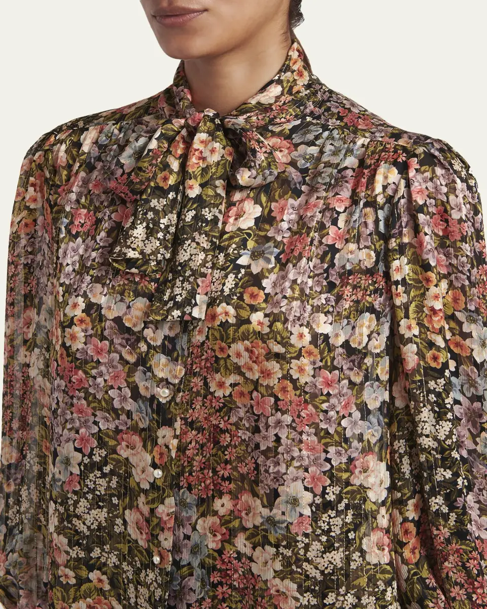 Valentino Garavani Floral Metallic Crinkle Satin Bow-Neck Blouse | Thumbnail 5 Valentino Garavani Floral Metallic Crinkle Satin Bow-Neck Blouse | Thumbnail 5