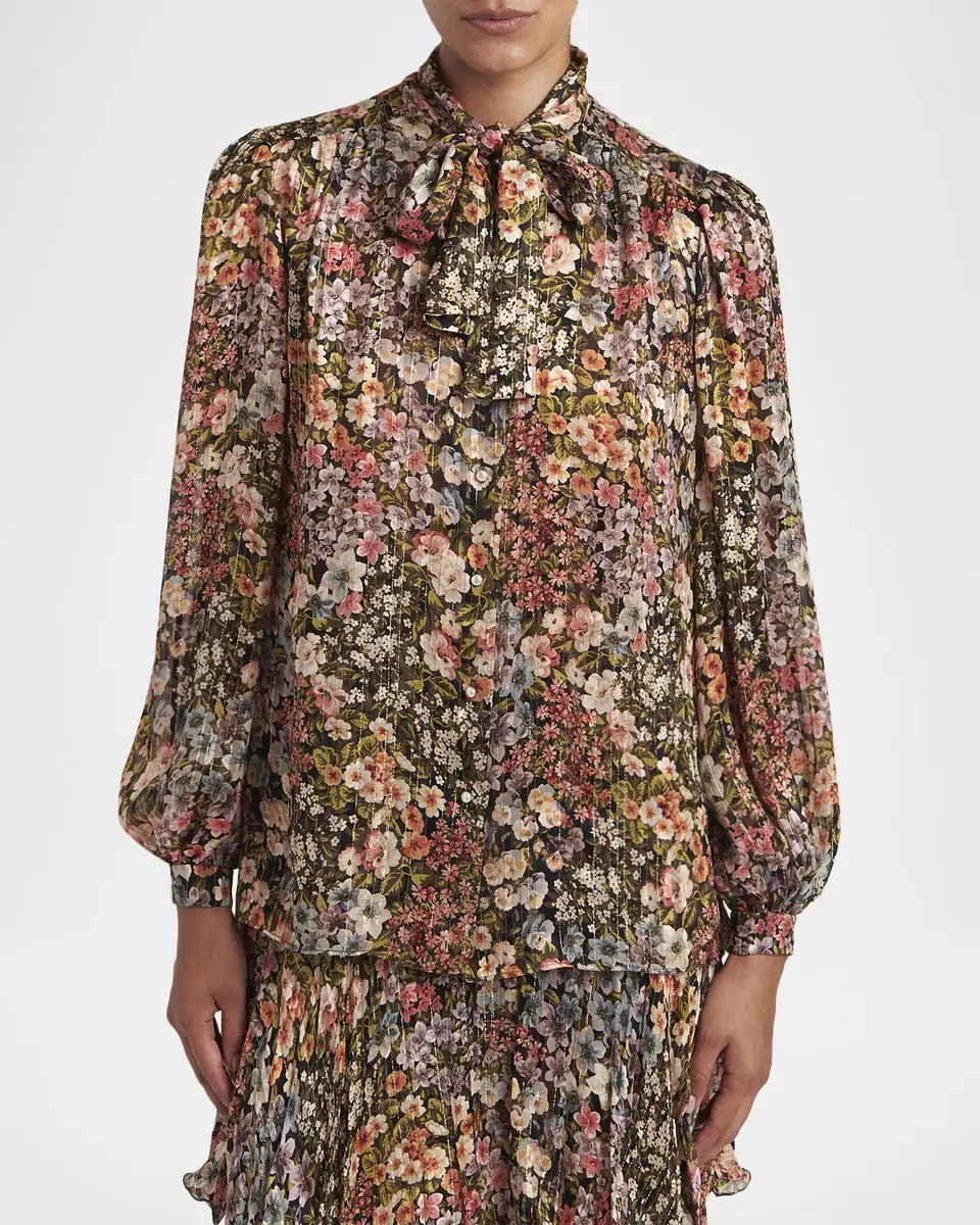 Valentino Garavani Floral Metallic Crinkle Satin Bow-Neck Blouse | Thumbnail 8 Valentino Garavani Floral Metallic Crinkle Satin Bow-Neck Blouse | Thumbnail 8