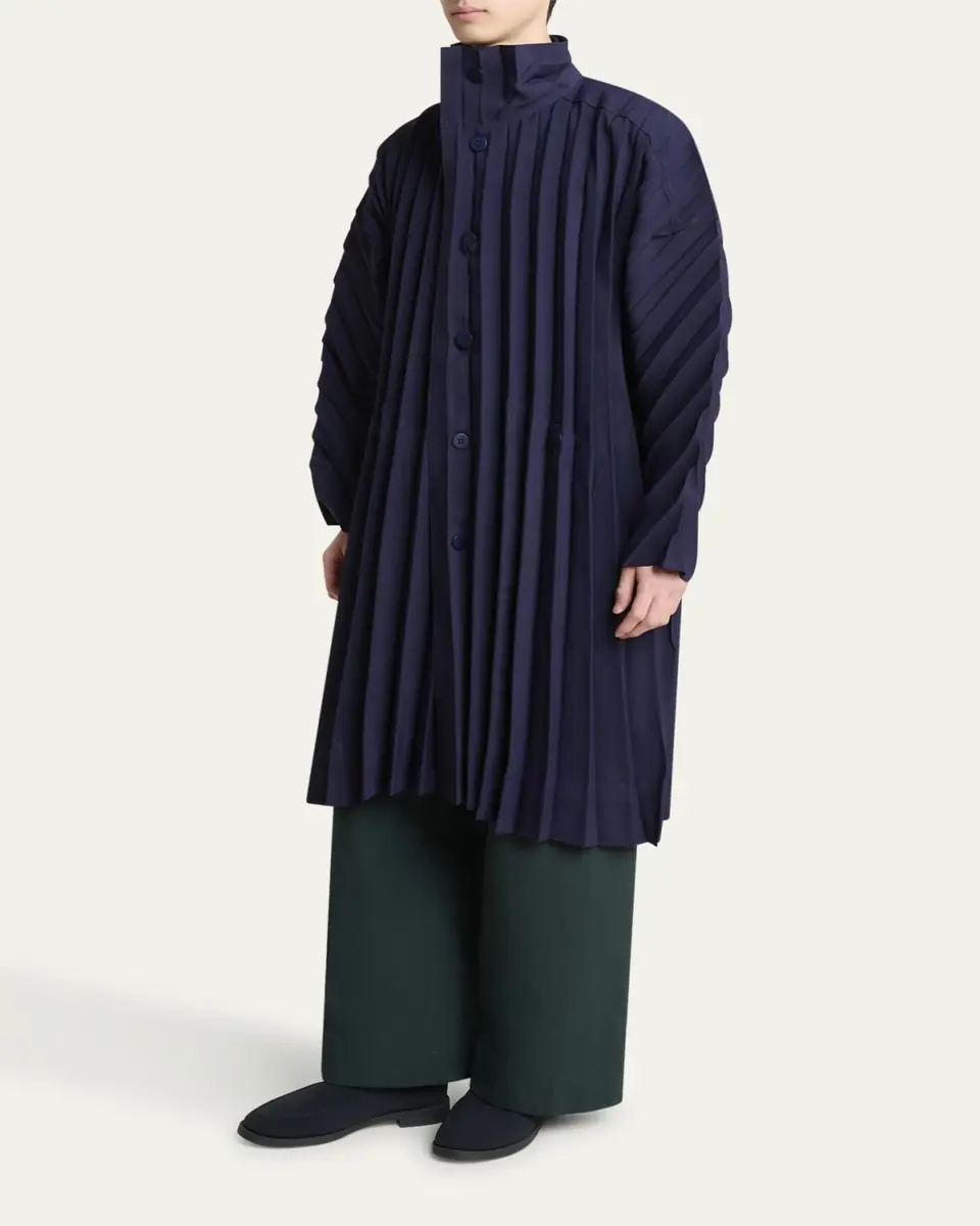 Homme Plissé Issey Miyake Men's Navy Edge Pleated Overcoat | Thumbnail 4 Homme Plissé Issey Miyake Men's Navy Edge Pleated Overcoat | Thumbnail 4