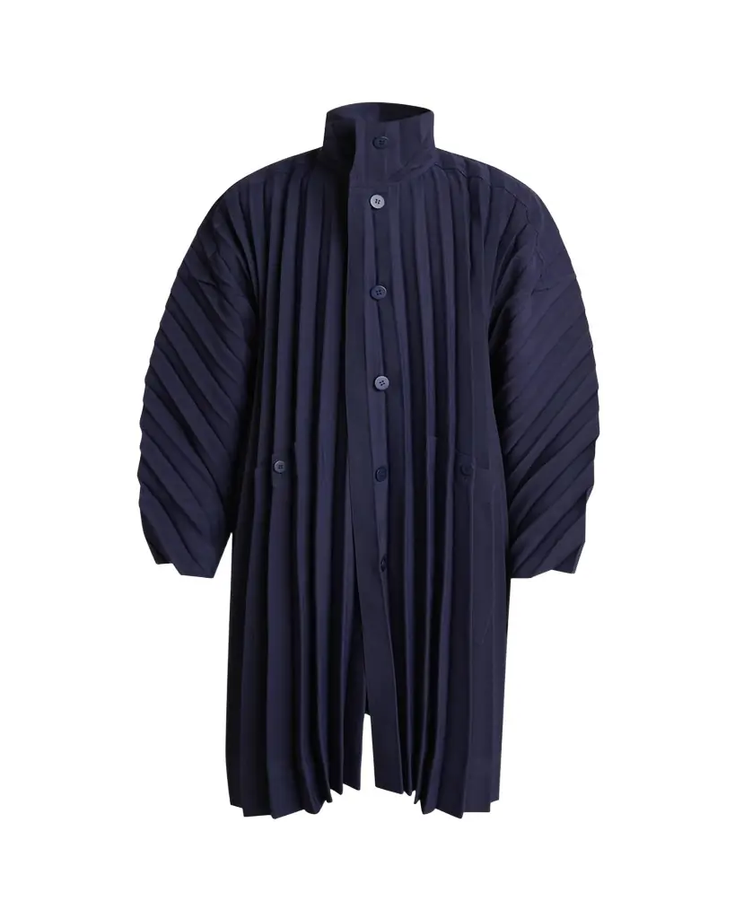 Homme Plissé Issey Miyake Men's Navy Edge Pleated Overcoat | Image 1 Homme Plissé Issey Miyake Men's Navy Edge Pleated Overcoat | Image 1