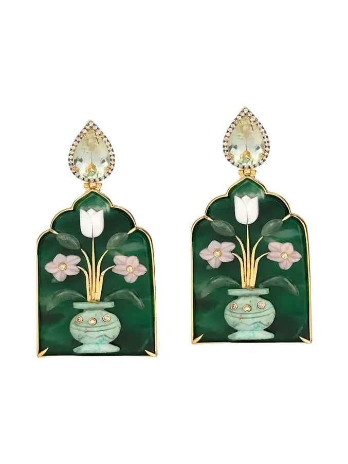 18K Yellow Gold Window Shape Malachite Earrings with Mother Of Pearl, Pink Opal, Chrysocolla, Diamonds and Prasiolite