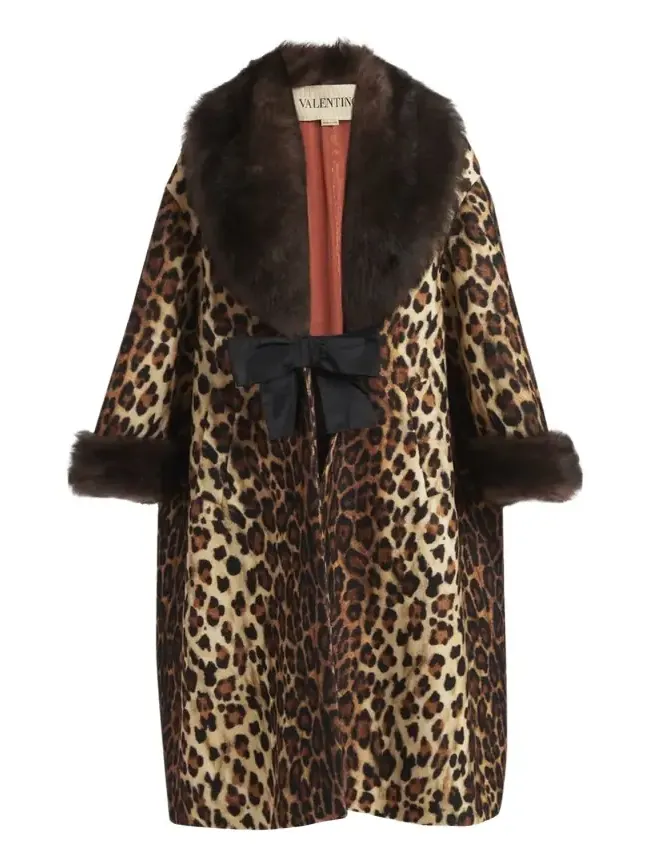Sheep Shearling-Trim Leopard-Print Wool Oversized Coat