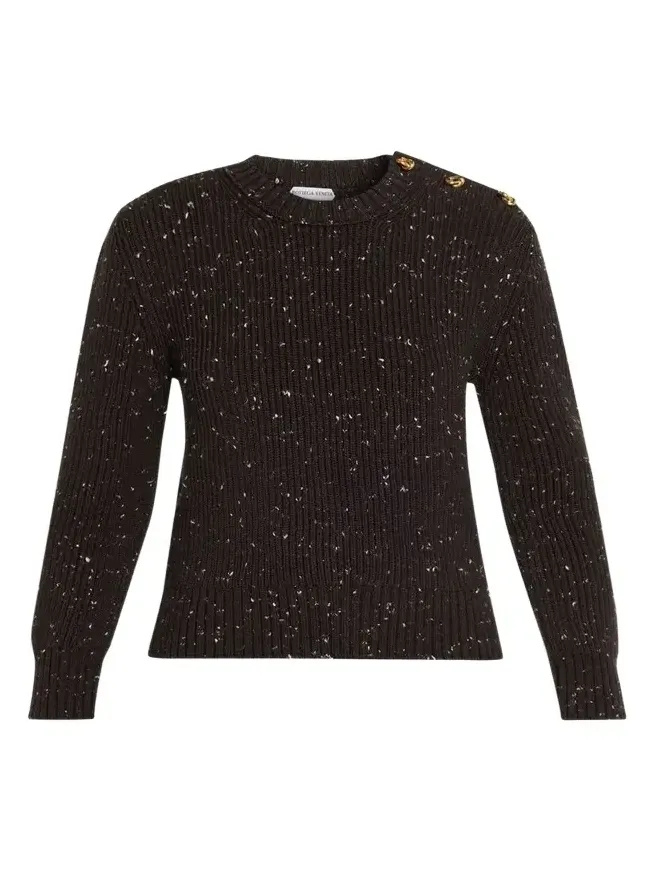 Bottega Veneta Button-Shoulder Speckled Rib Crewneck Sweater