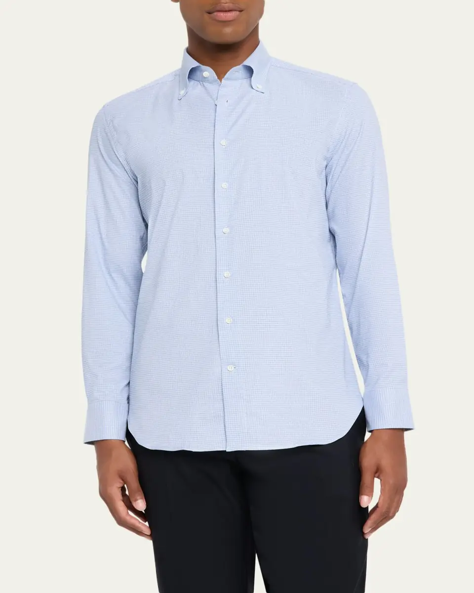 Bergdorf Goodman Men's Cotton Micro-Check Button-Collar Sport Shirt | Thumbnail 4