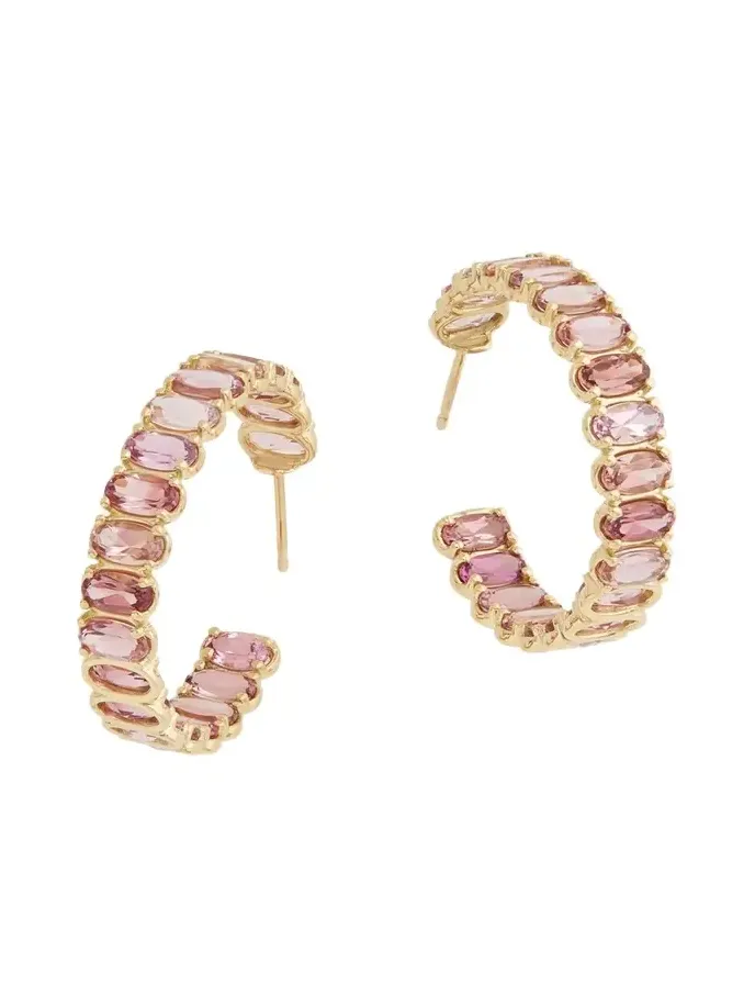 18K Yellow Gold Hoop Earrings with Oval Shaped Pink Tourmaline 18K Yellow Gold Hoop Earrings with Oval Shaped Pink Tourmaline