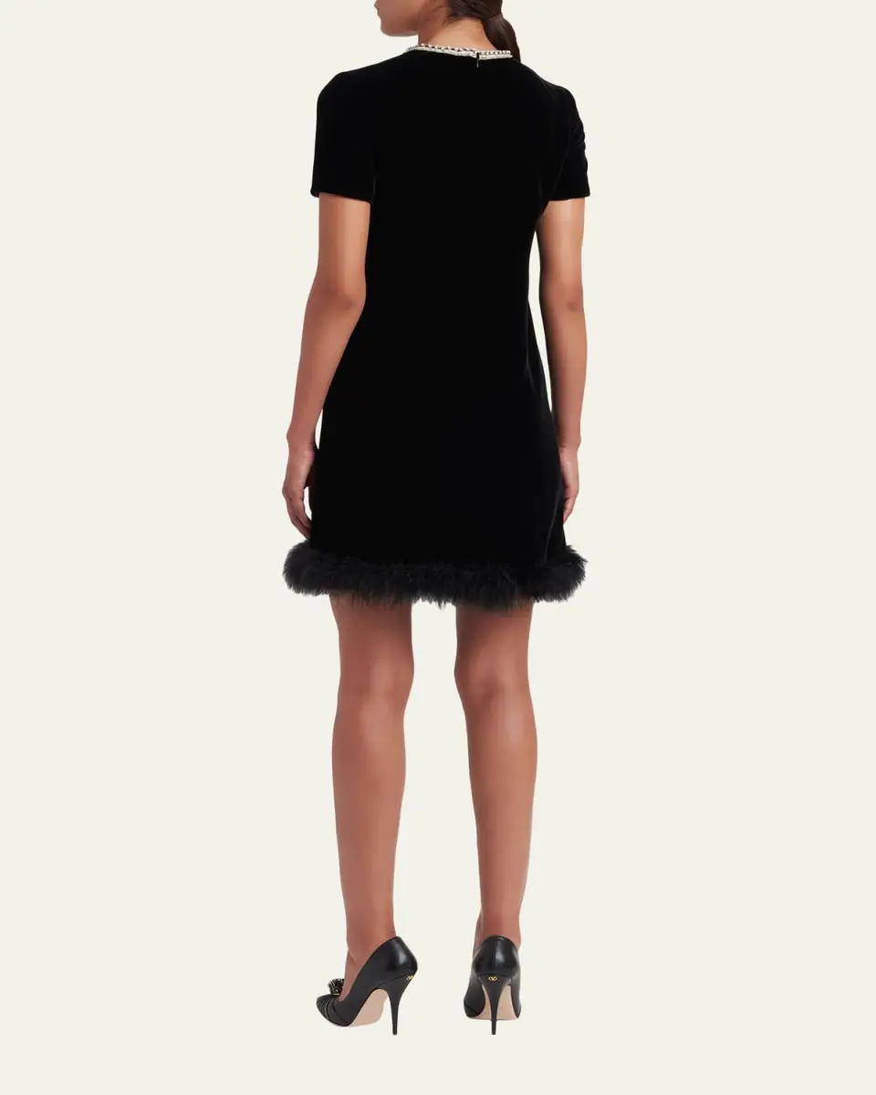 Valentino Garavani Crystal Bow Velvet Mini Dress With Feather Trim | Thumbnail 3 Valentino Garavani Crystal Bow Velvet Mini Dress With Feather Trim | Thumbnail 3