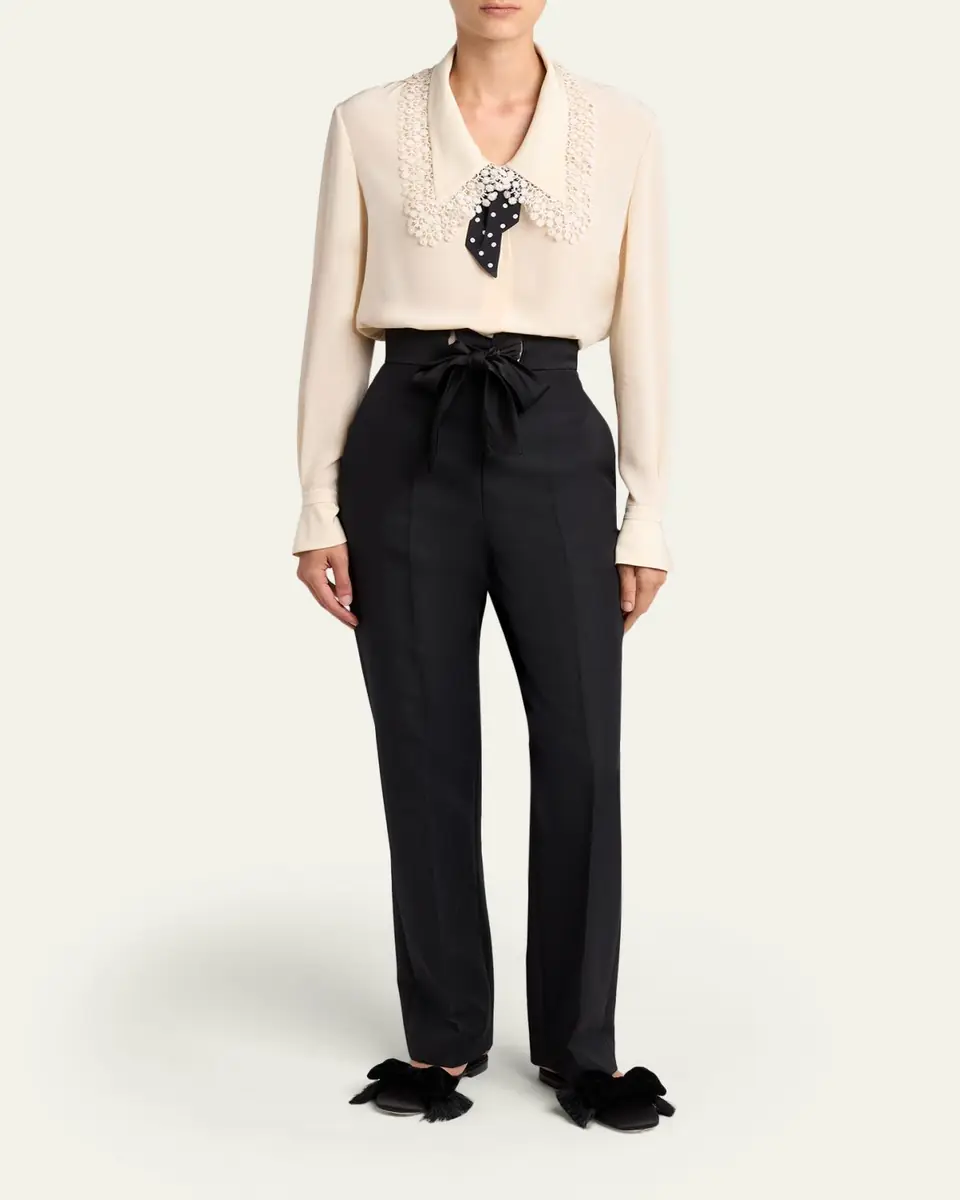 Valentino Garavani Lace-Trim Button-Down Silk Blouse With Polkadot Tie | Thumbnail 2