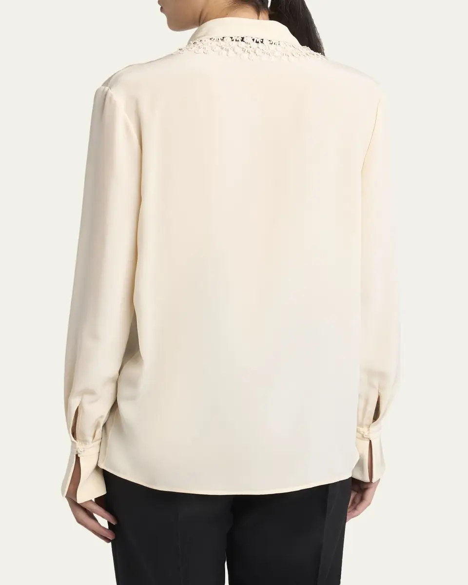 Valentino Garavani Lace-Trim Button-Down Silk Blouse With Polkadot Tie | Thumbnail 3