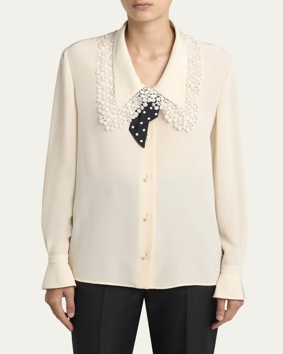 Valentino Garavani Lace-Trim Button-Down Silk Blouse With Polkadot Tie | Thumbnail 4