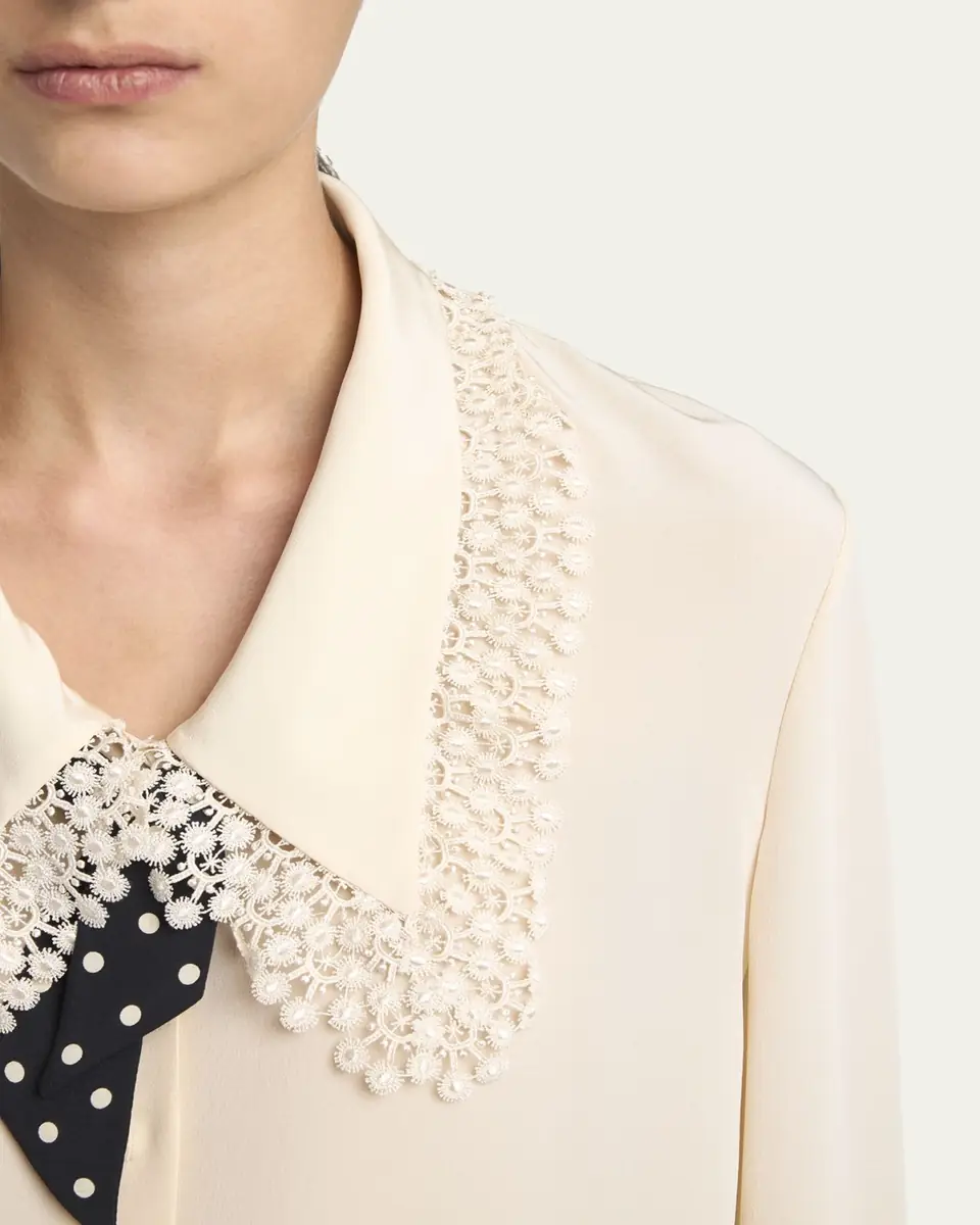 Valentino Garavani Lace-Trim Button-Down Silk Blouse With Polkadot Tie | Thumbnail 5