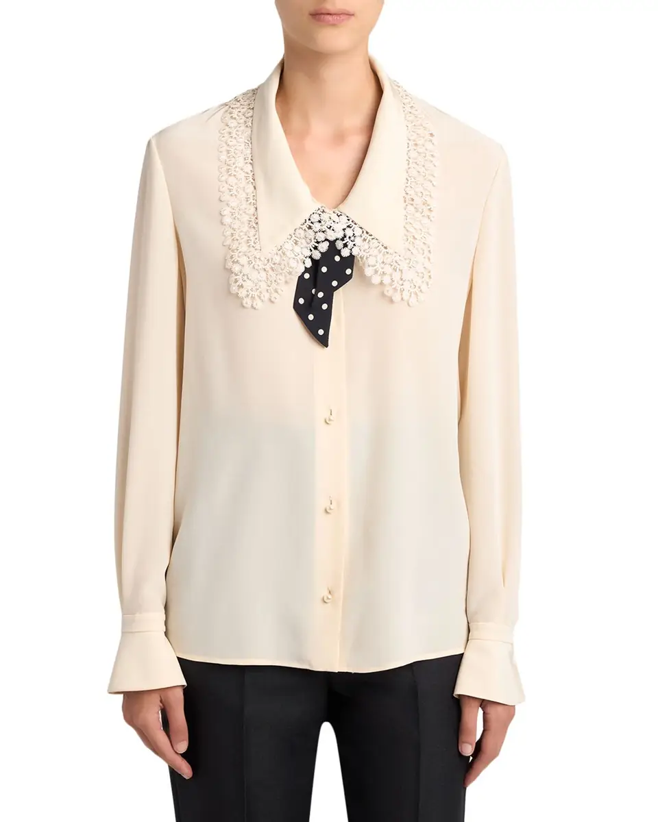 Valentino Garavani Lace-Trim Button-Down Silk Blouse With Polkadot Tie | Thumbnail 7