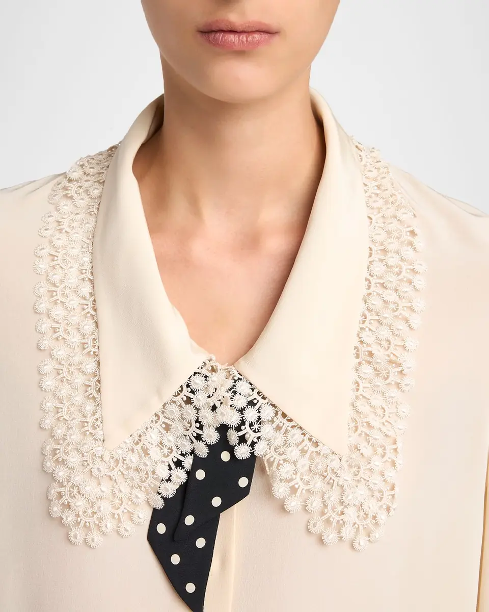Valentino Garavani Lace-Trim Button-Down Silk Blouse With Polkadot Tie | Thumbnail 8