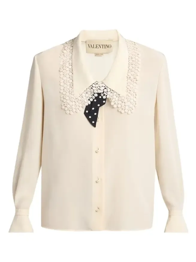 Lace-Trim Button-Down Silk Blouse With Polkadot Tie Lace-Trim Button-Down Silk Blouse With Polkadot Tie