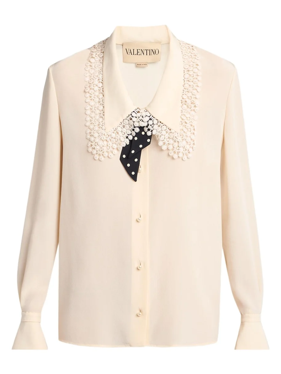 Lace-Trim Button-Down Silk Blouse With Polkadot Tie Lace-Trim Button-Down Silk Blouse With Polkadot Tie