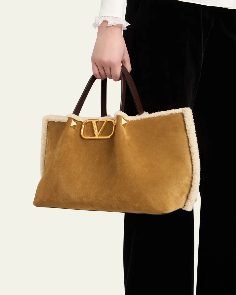 Valentino Garavani Medium Suede Shopping Bag with Shearling Lining | Thumbnail 2 Valentino Garavani Medium Suede Shopping Bag with Shearling Lining | Thumbnail 2