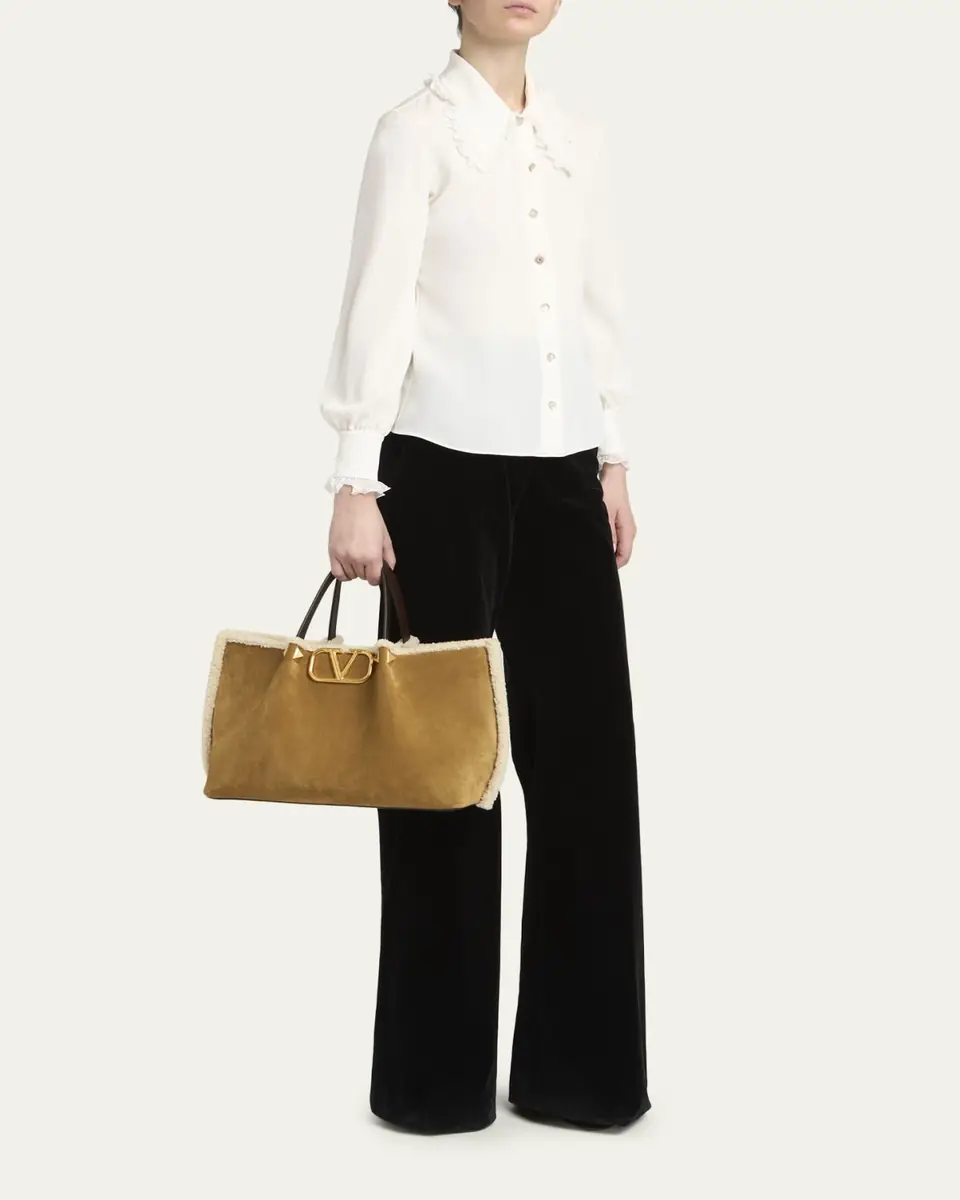 Valentino Garavani Medium Suede Shopping Bag with Shearling Lining | Thumbnail 5 Valentino Garavani Medium Suede Shopping Bag with Shearling Lining | Thumbnail 5