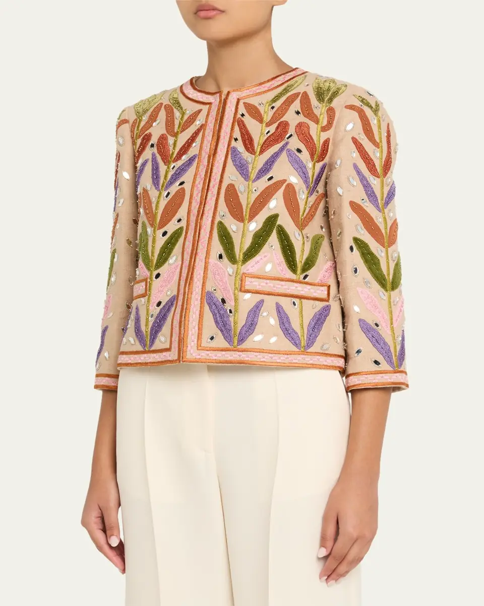 Valentino Garavani Beaded Leaf-Embroidered Linen Jacket | Thumbnail 4 Valentino Garavani Beaded Leaf-Embroidered Linen Jacket | Thumbnail 4