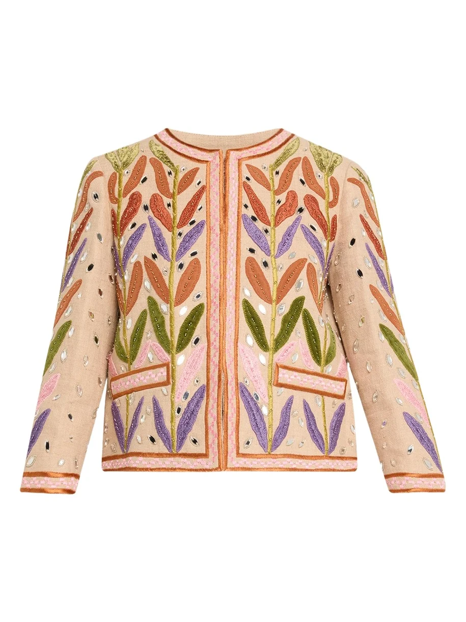Valentino Garavani Beaded Leaf-Embroidered Linen Jacket
