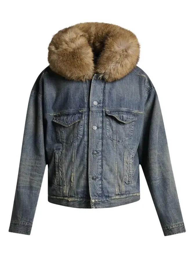 Men's Faux Fur-Trim Hooded Denim Trucker Jacket Men's Faux Fur-Trim Hooded Denim Trucker Jacket