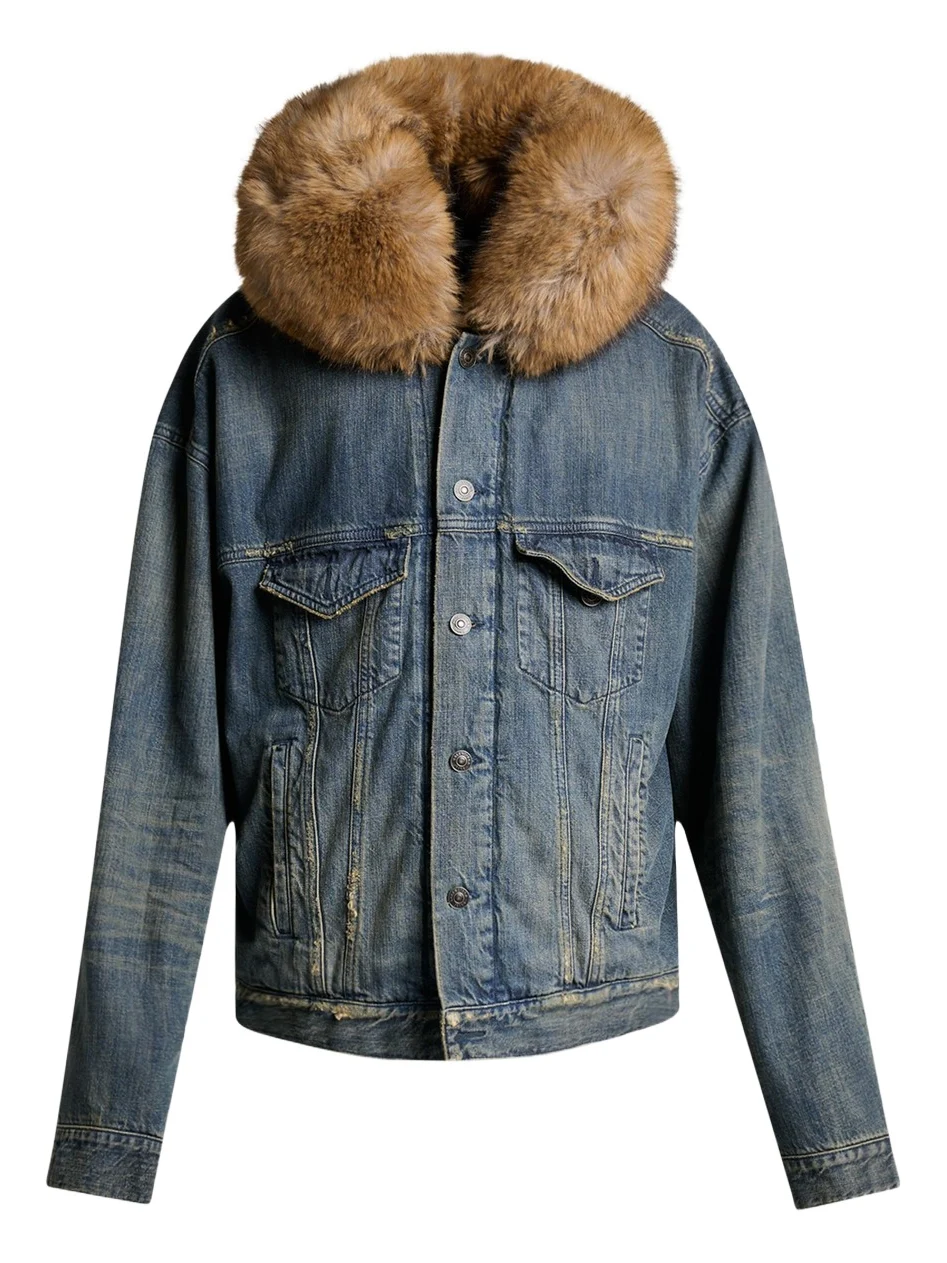 Men's Faux Fur-Trim Hooded Denim Trucker Jacket