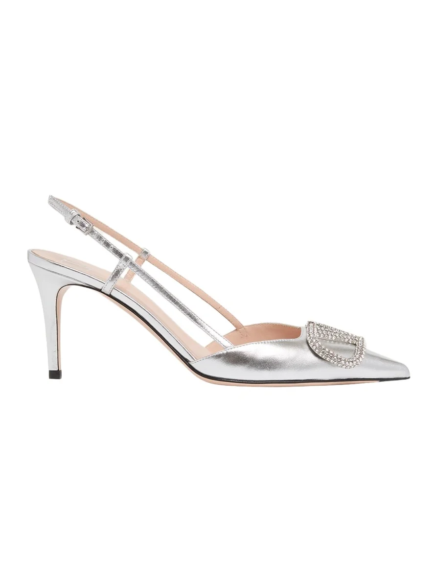 80mm VLogo Signature Strass Metallic Leather Slingback Pumps 80mm VLogo Signature Strass Metallic Leather Slingback Pumps