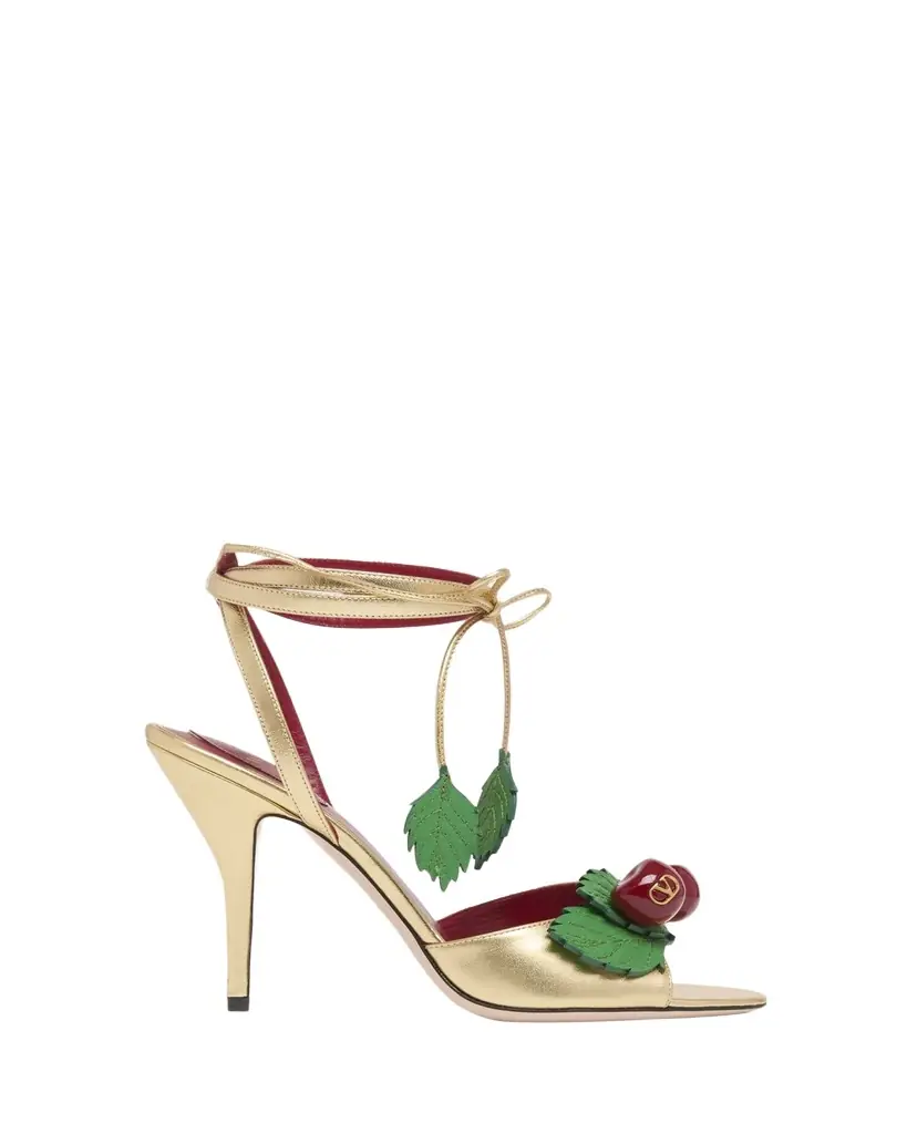 Valentino Garavani 100mm VLogo Cherry Leather Ankle-Tie Sandals | Image 1 Valentino Garavani 100mm VLogo Cherry Leather Ankle-Tie Sandals | Image 1